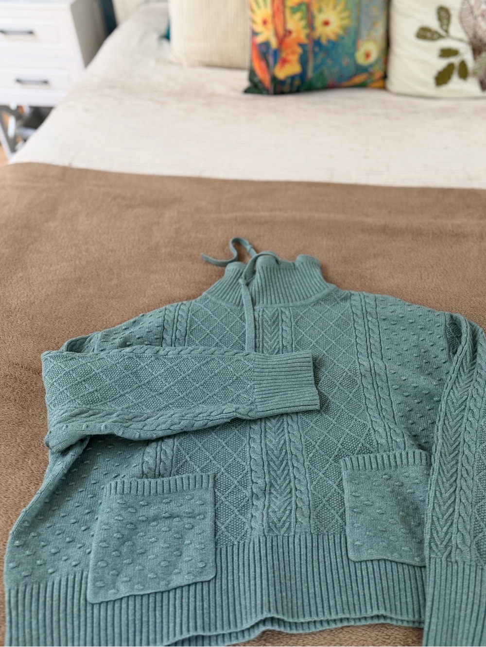 NWOT! Lou & Grey for Loft - Women’s Textured Tie Neck Detail Sweater, Light Teal